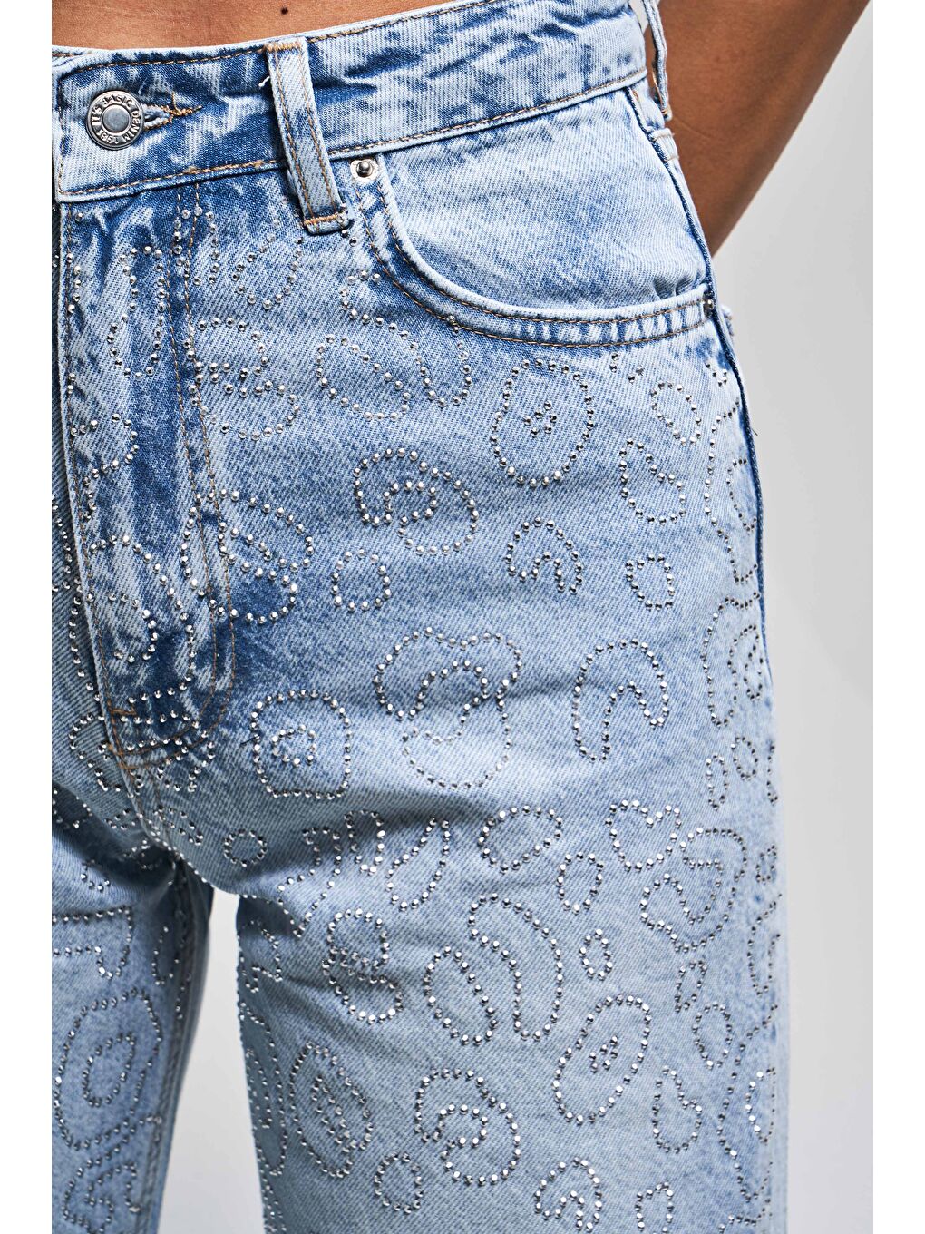 Mavi Kadın Snow Jean Rengi T-4S5-3 Straight Fit Yüksek Bel %100 Pamuk Parlak Taşlı Tasarım Denim-3