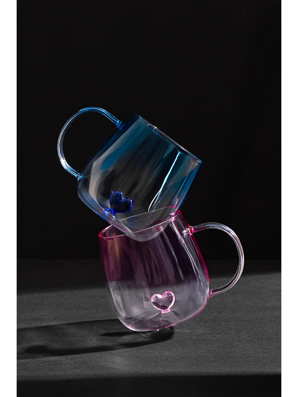 Karışık PBT-707 Dream Love Hearts 400ml Romantik Kalp Tasarımlı 2li Renkli Borosilikat Cam Kupa Seti-2