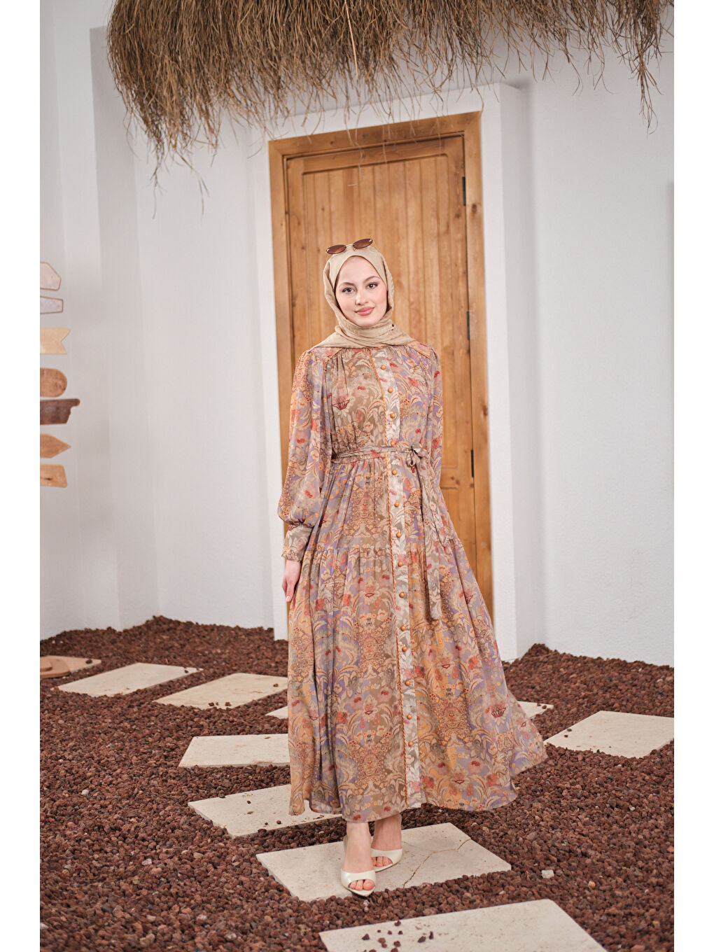 Kadın Etnik Desen Büzgülü Kemer Detay Şifon Elbise Yeşil-4