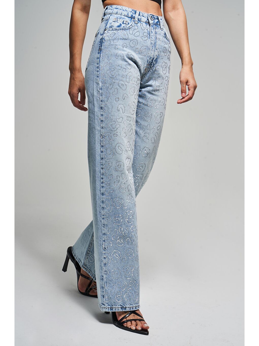 Mavi Kadın Snow Jean Rengi T-4S5-3 Straight Fit Yüksek Bel %100 Pamuk Parlak Taşlı Tasarım Denim-4