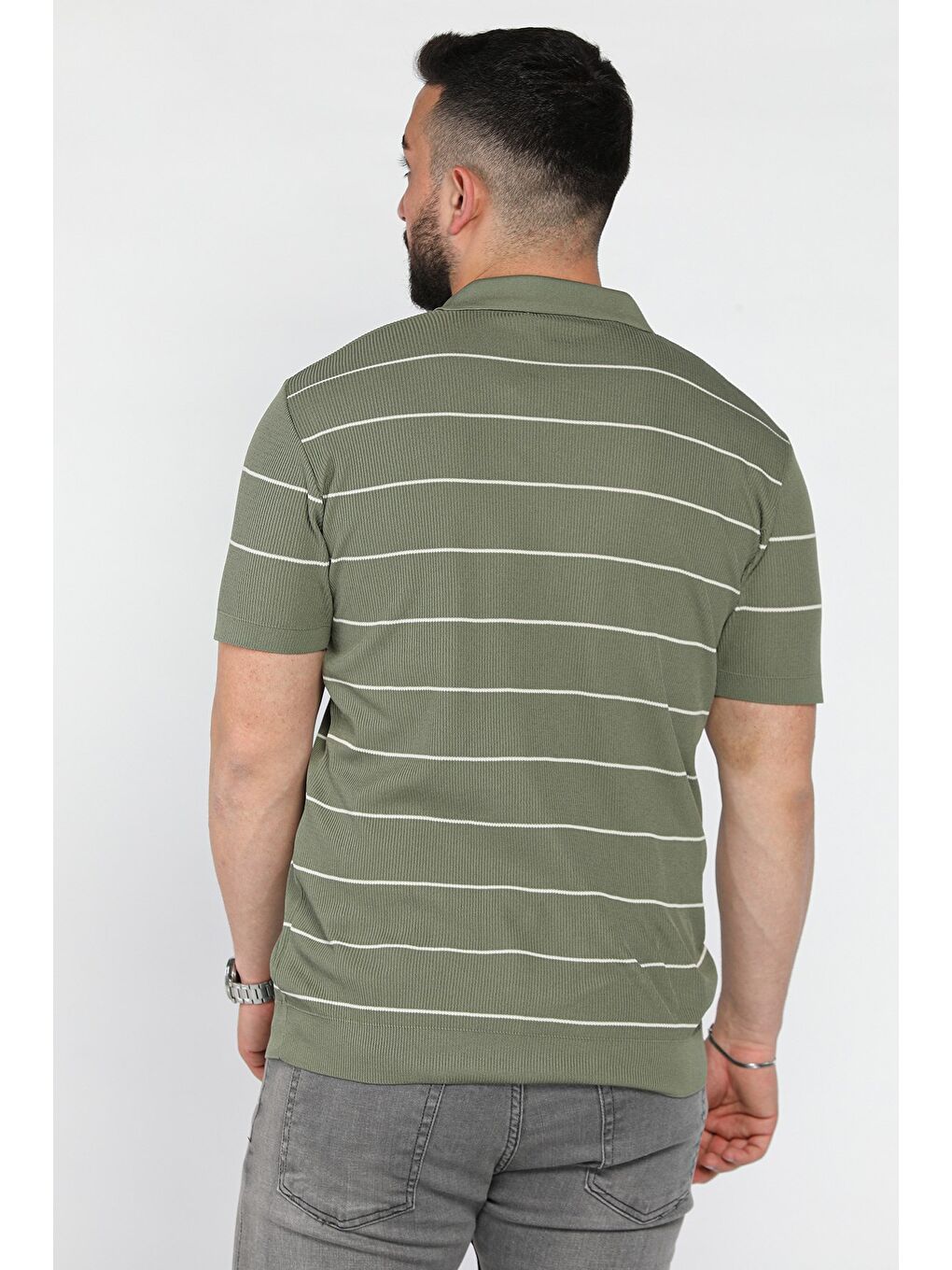 Haki Erkek Polo Yaka Yarım Fermuarlı Çizgi Desenli Triko Tişört-2
