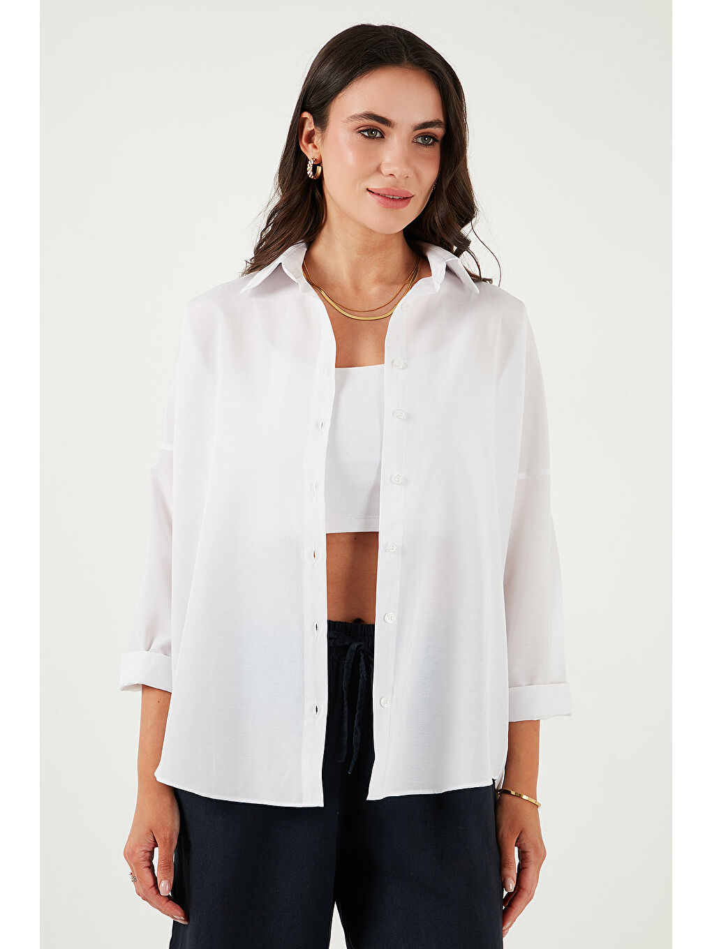 Beyaz Pamuk Karışımlı Regular Fit Kadın Gömlek 6772418-4