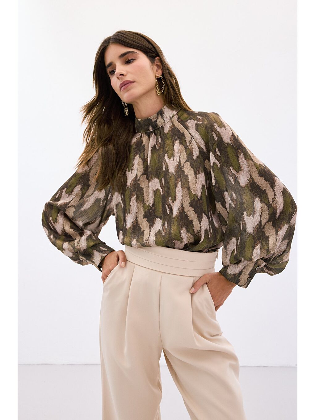Desenli Salaş Bluz - Haki
