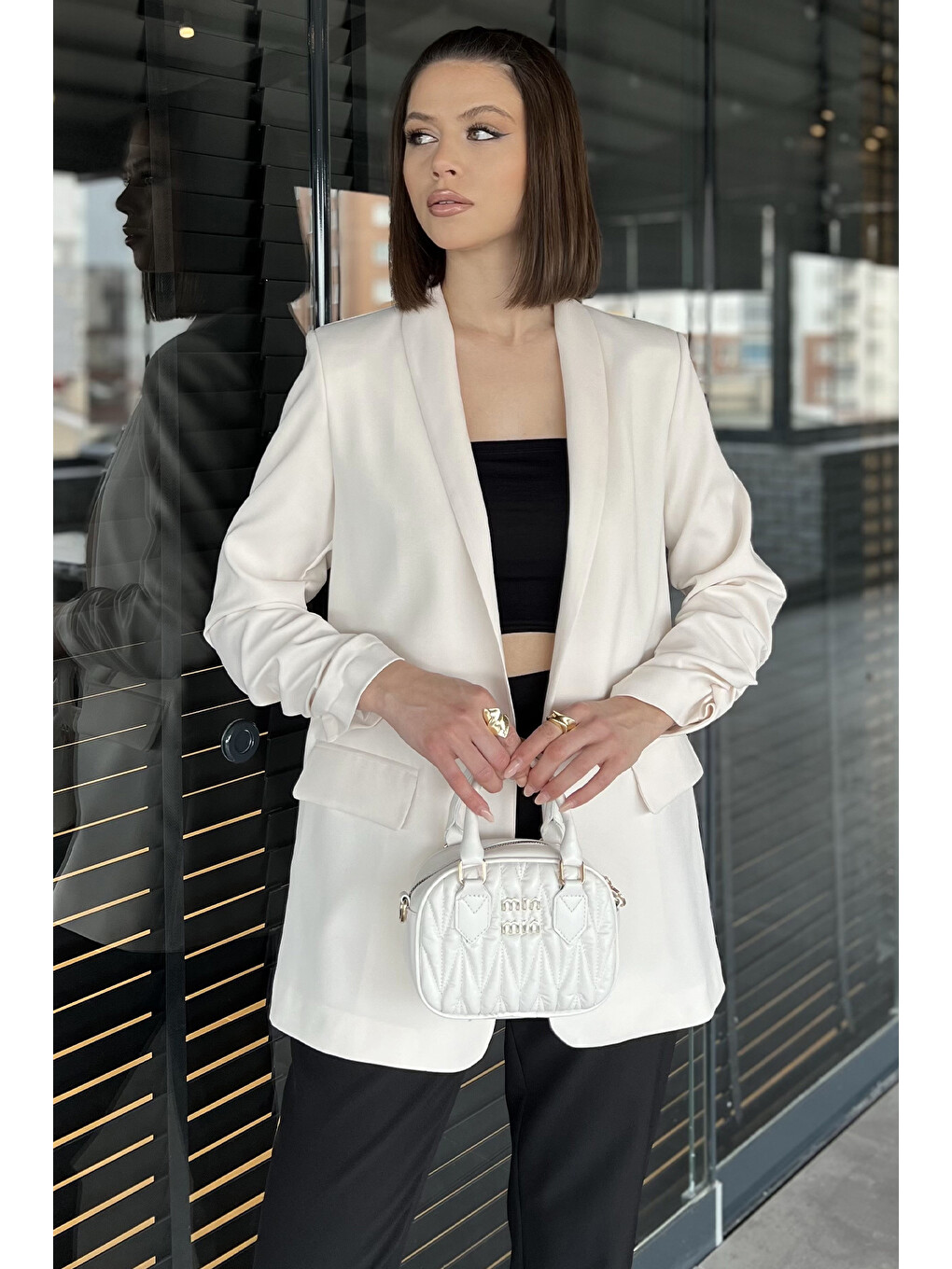 Ekru Kol Büzgülü Kadın Blazer Ceket-1