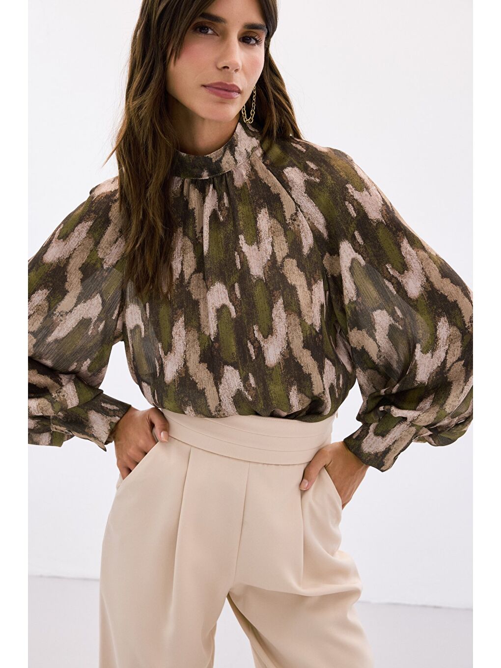 Desenli Salaş Bluz - Haki-1