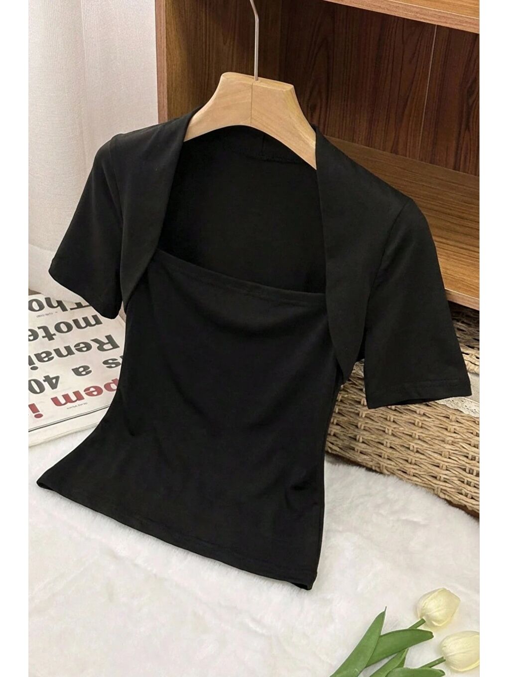 Siyah Kadın Haki Kuğu Yaka Slim Kısa Kollu Fit Crop Bluz-4