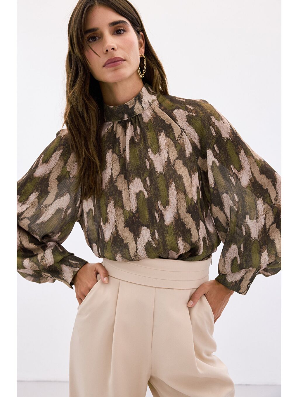 Desenli Salaş Bluz - Haki-4