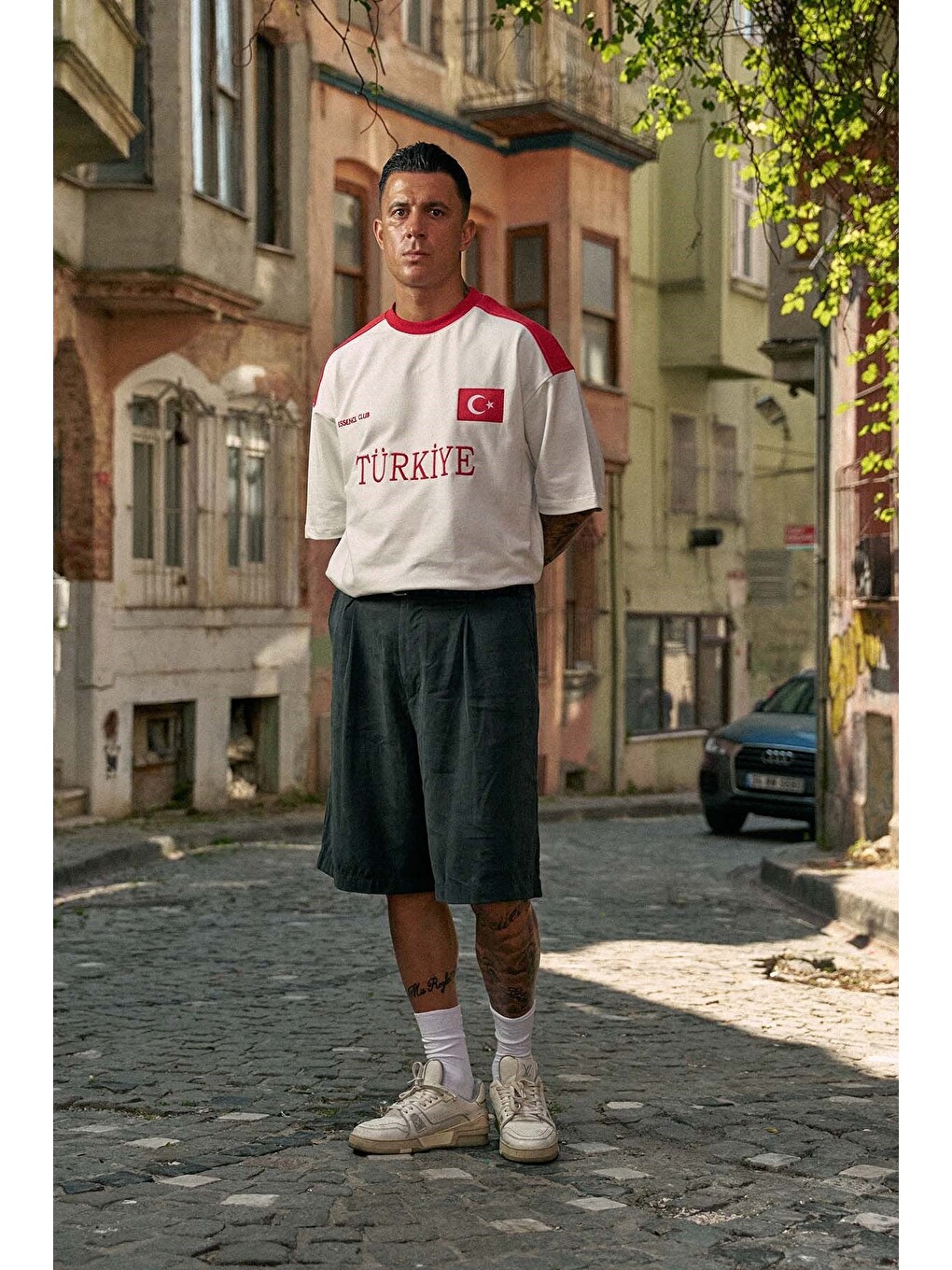Lila Erkek Oversize Nakışlı Ülke Temalı Forma T-Shirt Ekru/Kırmızı-4