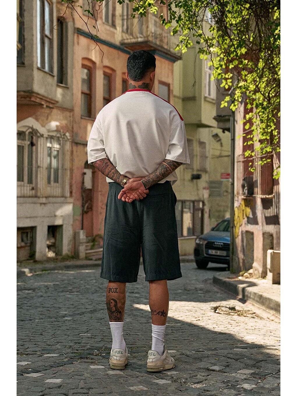 Lila Erkek Oversize Nakışlı Ülke Temalı Forma T-Shirt Ekru/Kırmızı-6