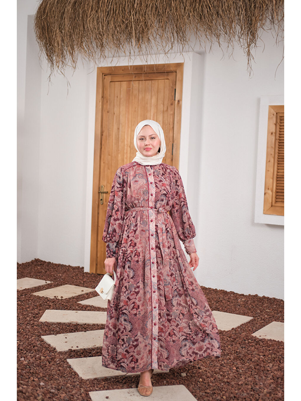 Kadın Etnik Desen Büzgülü Kemer Detay Şifon Elbise Mürdüm-2