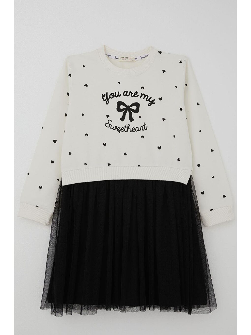 Kız Çocuk Uzun Kollu Elbise Kalp Desenli Fiyonk & Yazı Baskılı Ekru (8-12 Yaş)