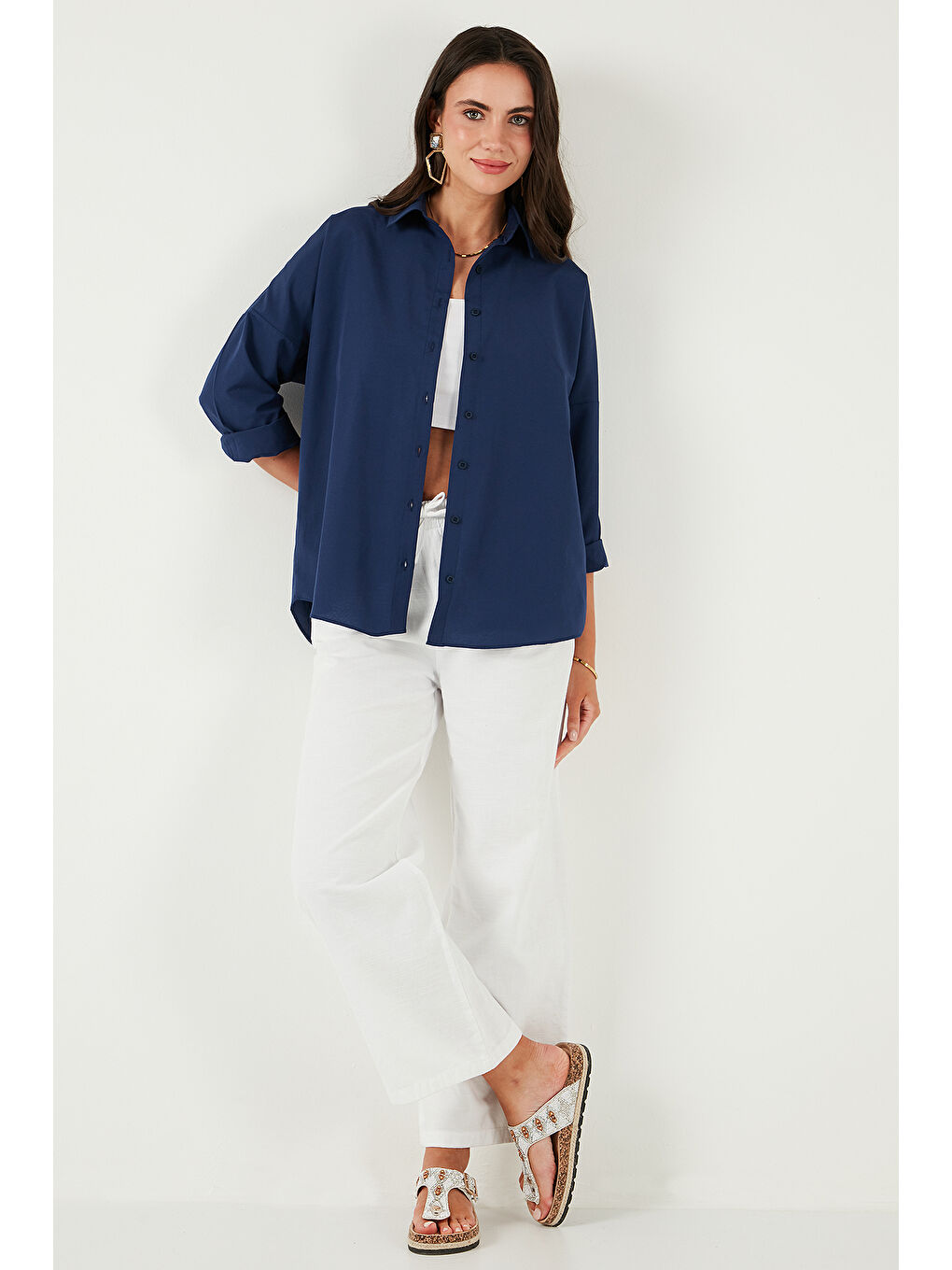 Lacivert Pamuk Karışımlı Regular Fit Kadın Gömlek 6772418-3