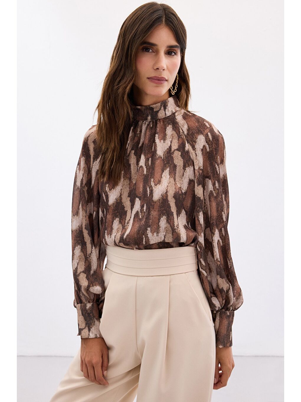 Kahverengi Desenli Salaş Bluz - Kahve-1