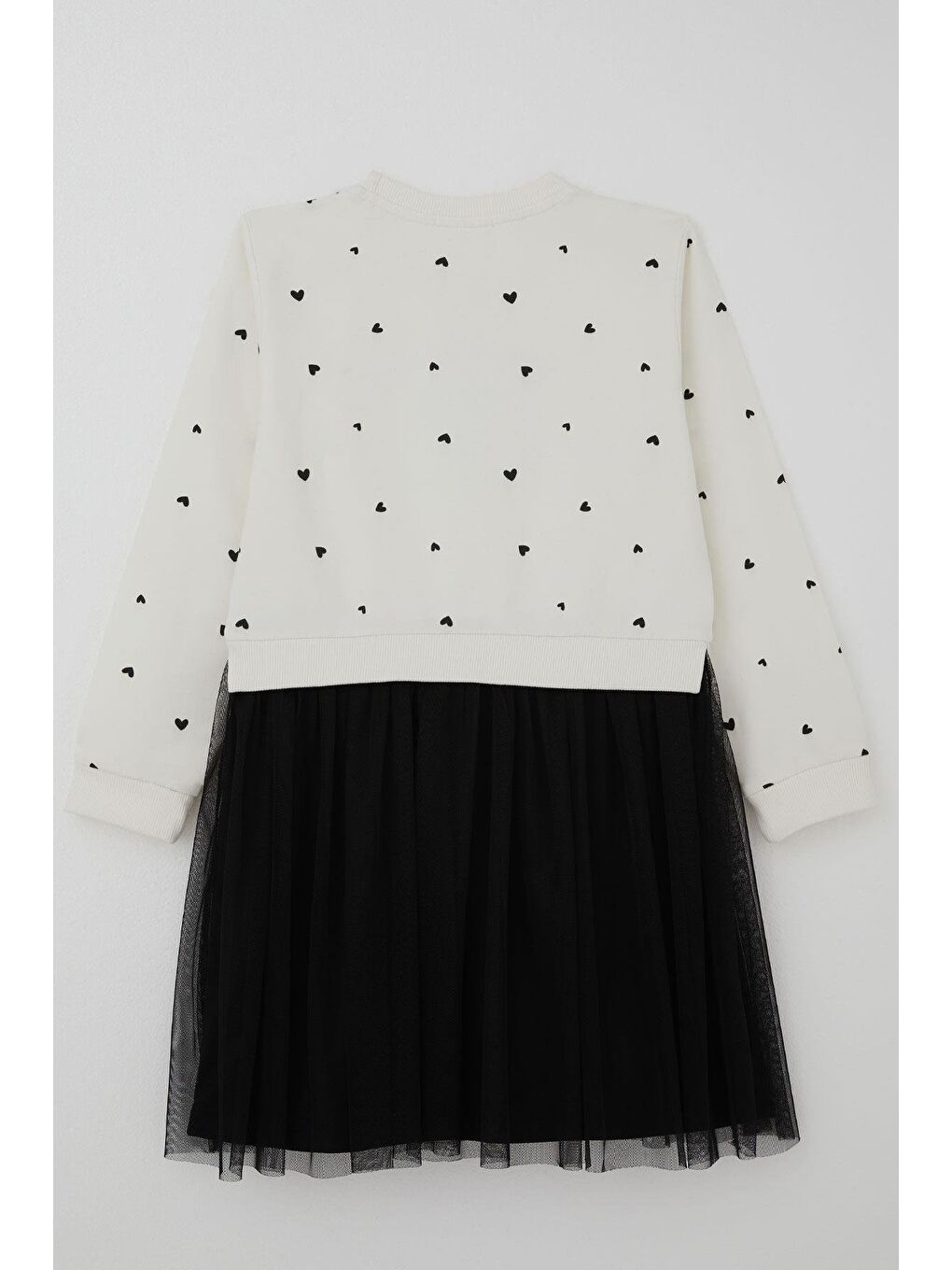 Kız Çocuk Uzun Kollu Elbise Kalp Desenli Fiyonk & Yazı Baskılı Ekru (8-12 Yaş)-1