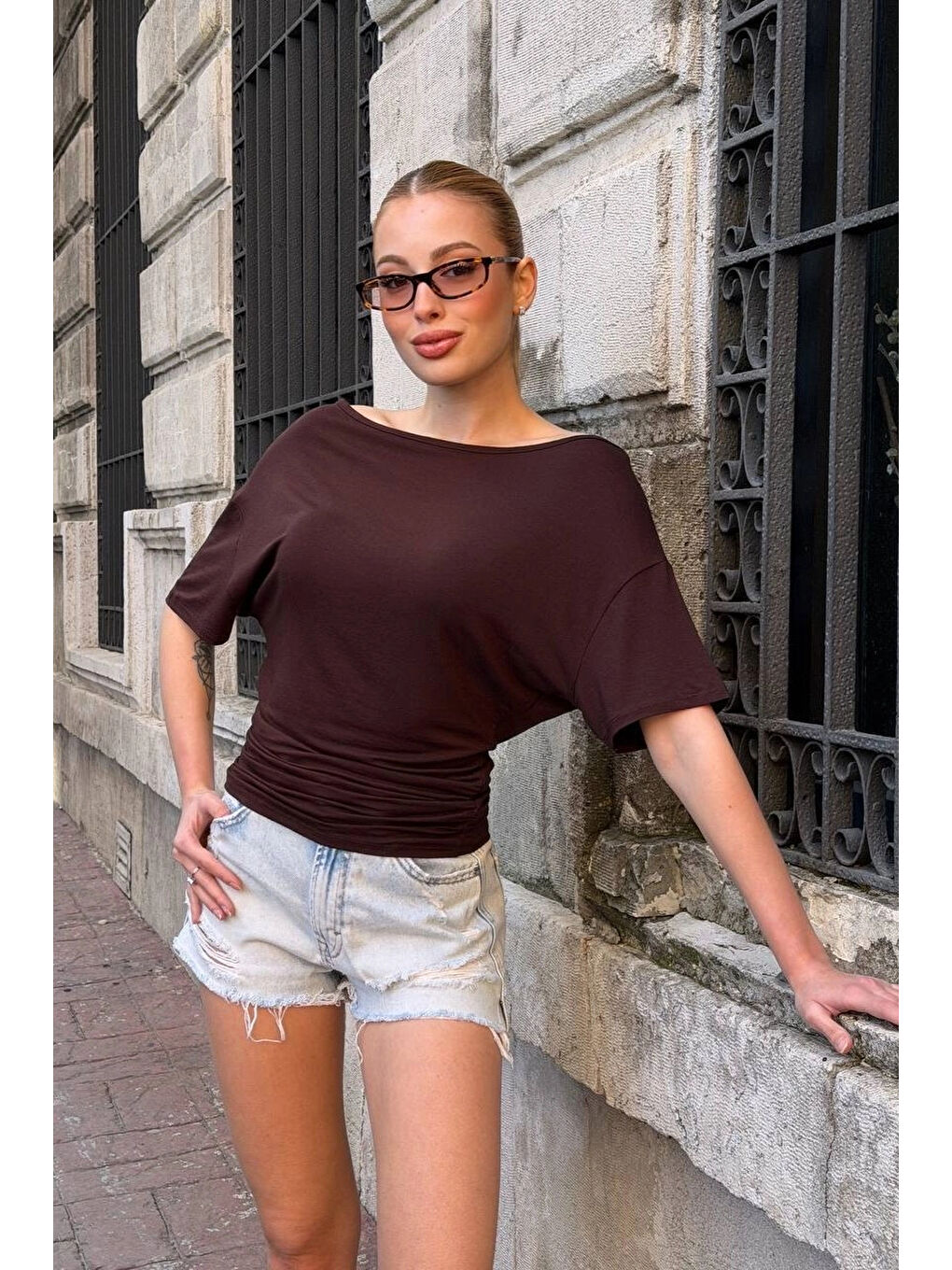 Kahverengi Kadın Kahve Asimetrik Bluz 412-3