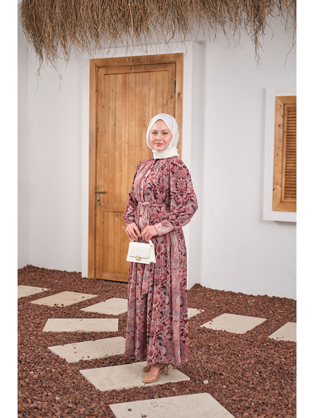 Kadın Etnik Desen Büzgülü Kemer Detay Şifon Elbise Mürdüm-3