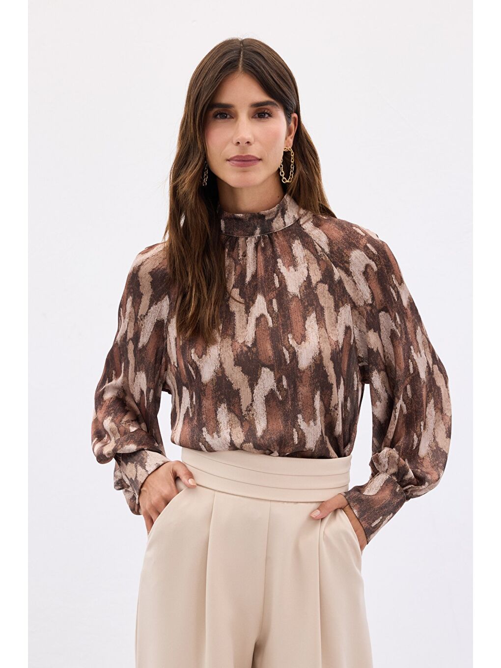 Kahverengi Desenli Salaş Bluz - Kahve-2