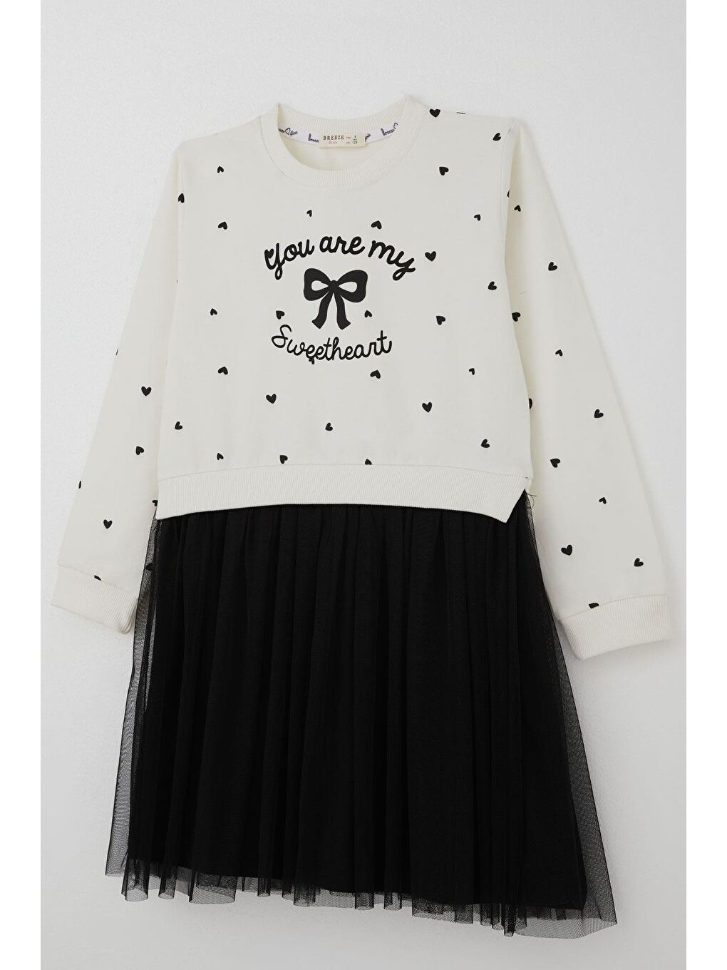 Kız Çocuk Uzun Kollu Elbise Kalp Desenli Fiyonk & Yazı Baskılı Ekru (8-12 Yaş)-2