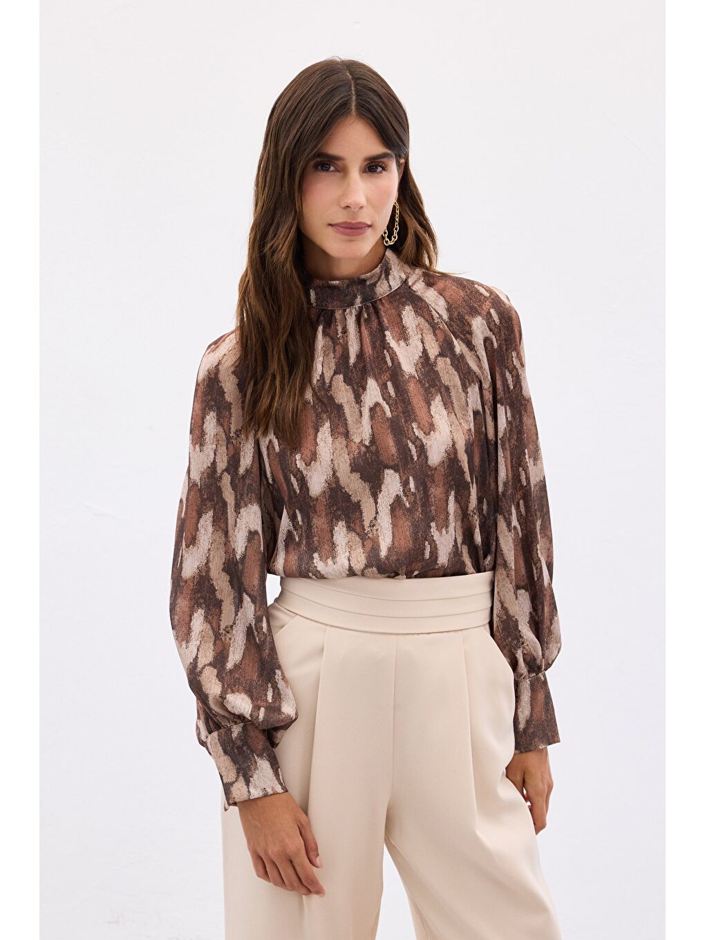 Kahverengi Desenli Salaş Bluz - Kahve-3