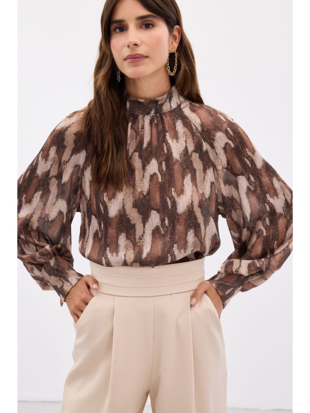 Kahverengi Desenli Salaş Bluz - Kahve-4