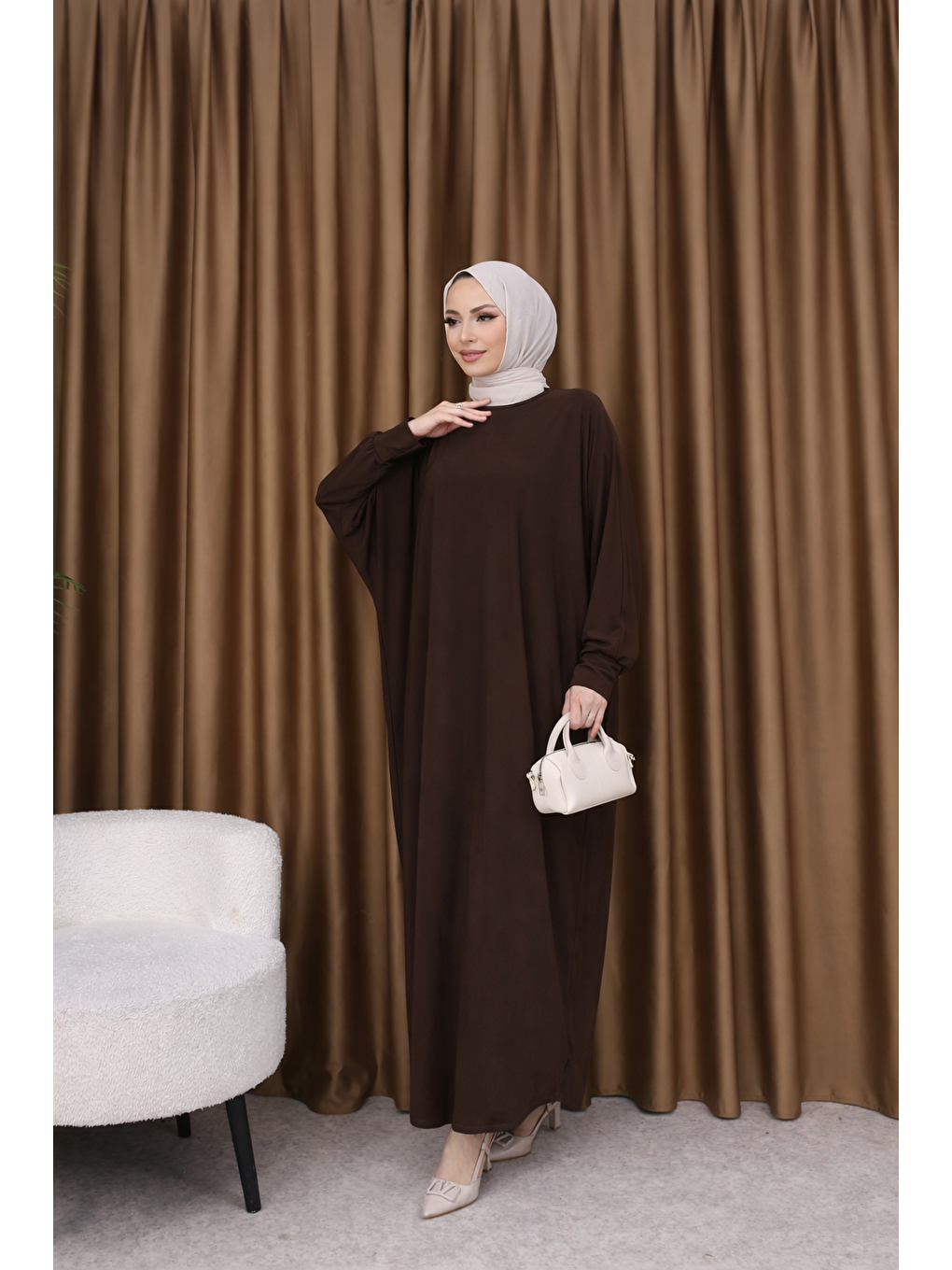 Kahverengi Kadın Trend Basic Uzun Kollu Koyu Kahve Elbise