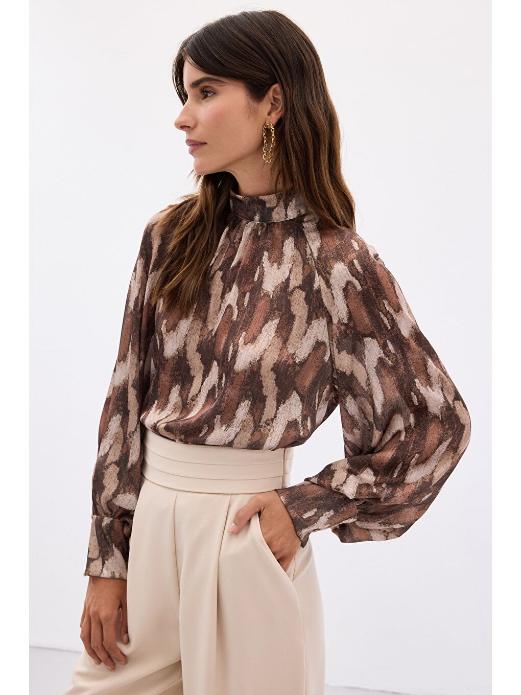 Kahverengi Desenli Salaş Bluz - Kahve-5