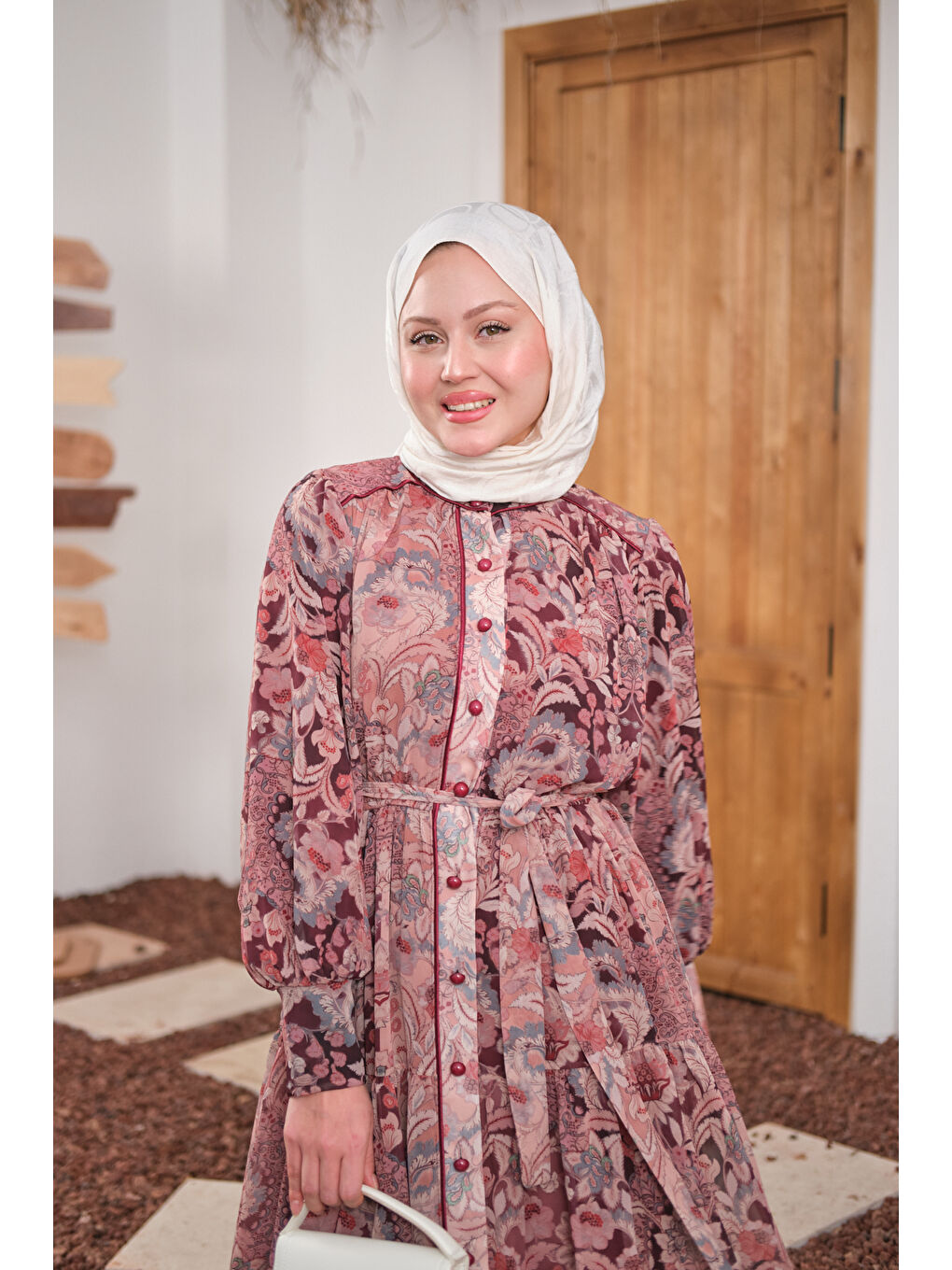 Kadın Etnik Desen Büzgülü Kemer Detay Şifon Elbise Mürdüm-4