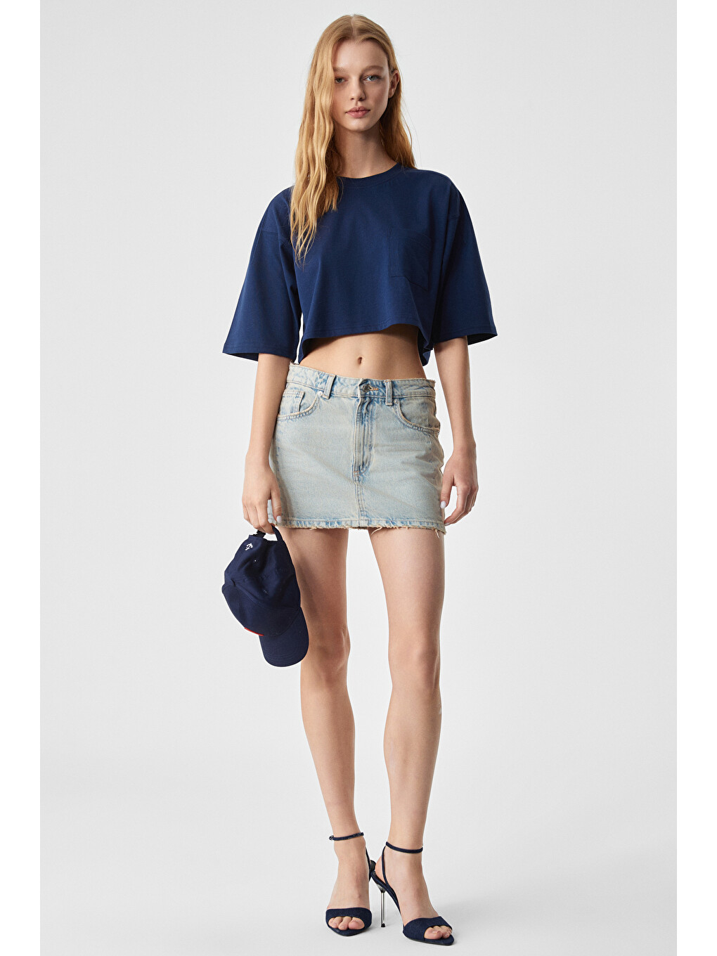 Qefkop Kadın %100 Pamuk Bisiklet Yaka Oversize Lacivert T-shirt-1