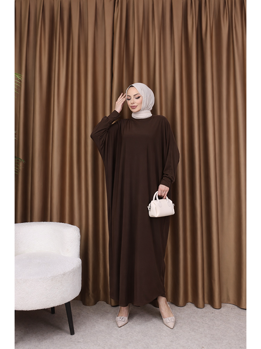 Kahverengi Kadın Trend Basic Uzun Kollu Koyu Kahve Elbise-1