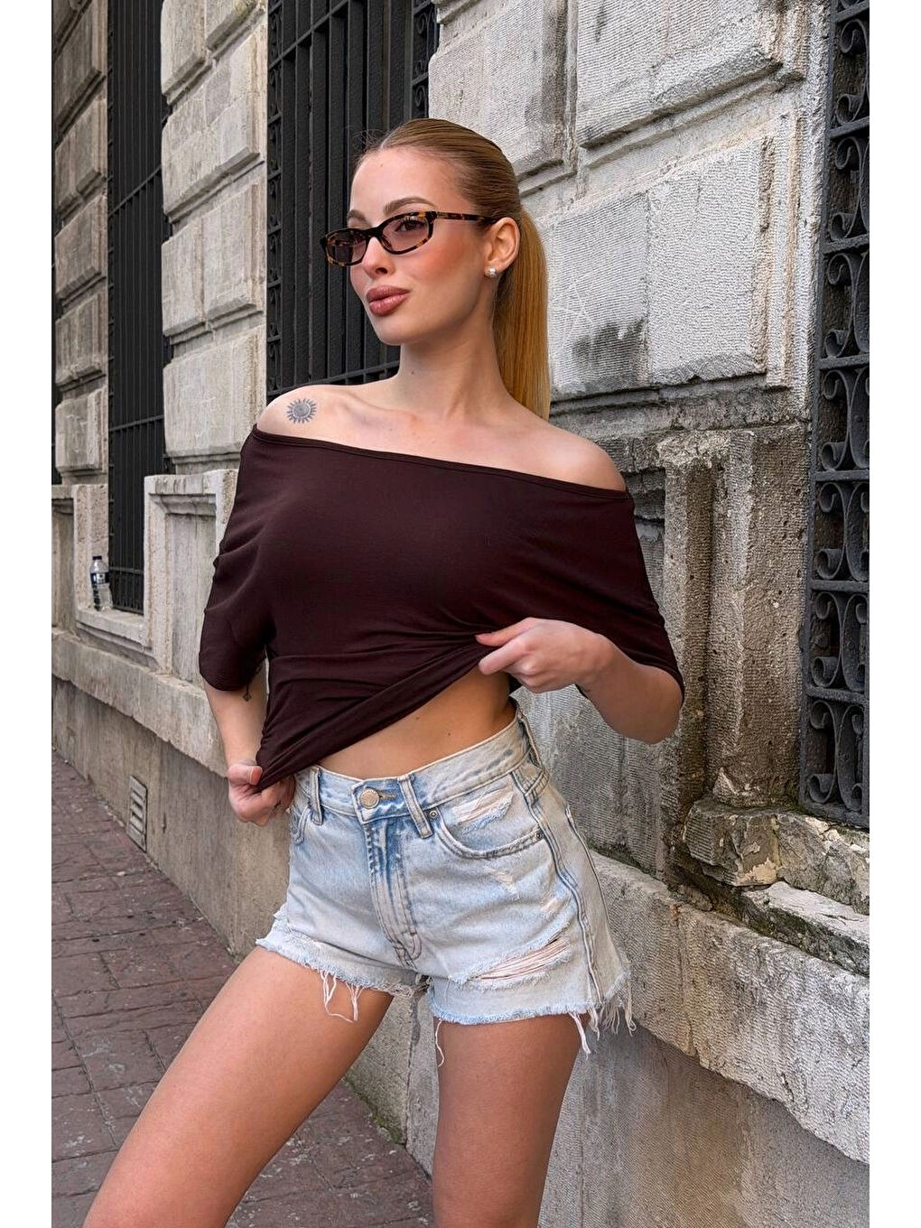 Kahverengi Kadın Kahve Asimetrik Bluz 412-5