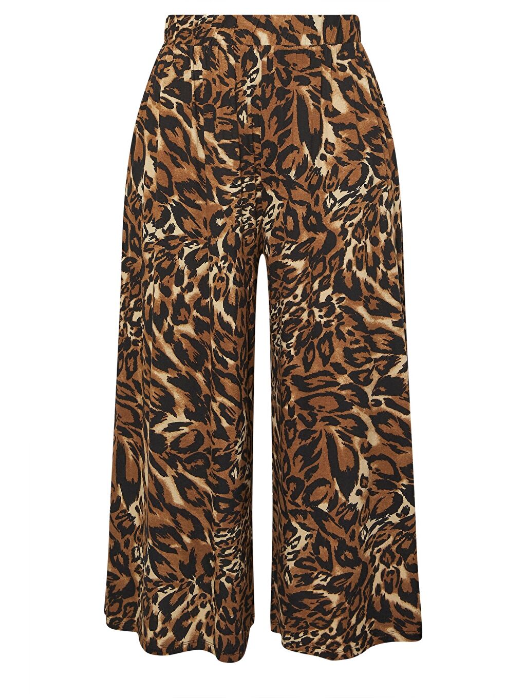 Kahverengi Büyük Beden Beli Lastikli Bol Paça Leopar Desenli Cepli Pantolon 304271-5