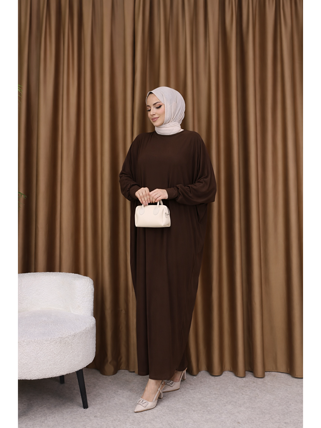 Kahverengi Kadın Trend Basic Uzun Kollu Koyu Kahve Elbise-2