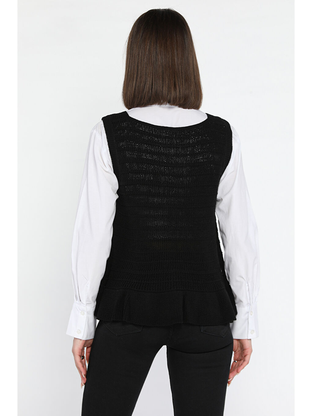 Siyah Kadın Ön Bağlamalı Fırfır Detaylı Triko Yelek-2