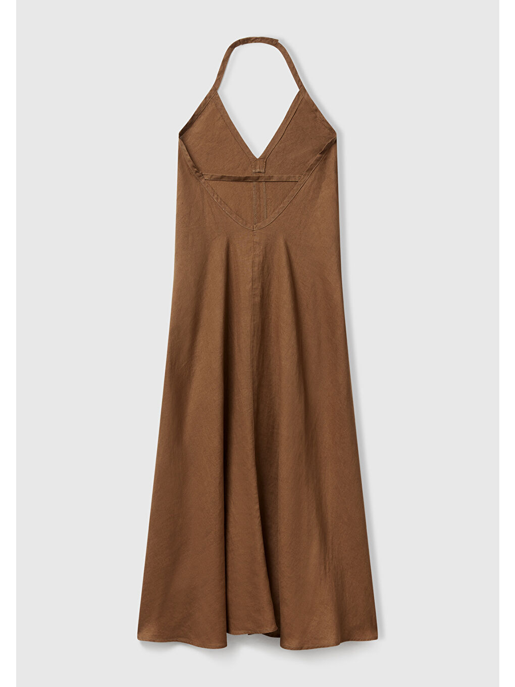 Kadın Kahverengi %100 Keten Sırtı Açık Uzun Elbise-3