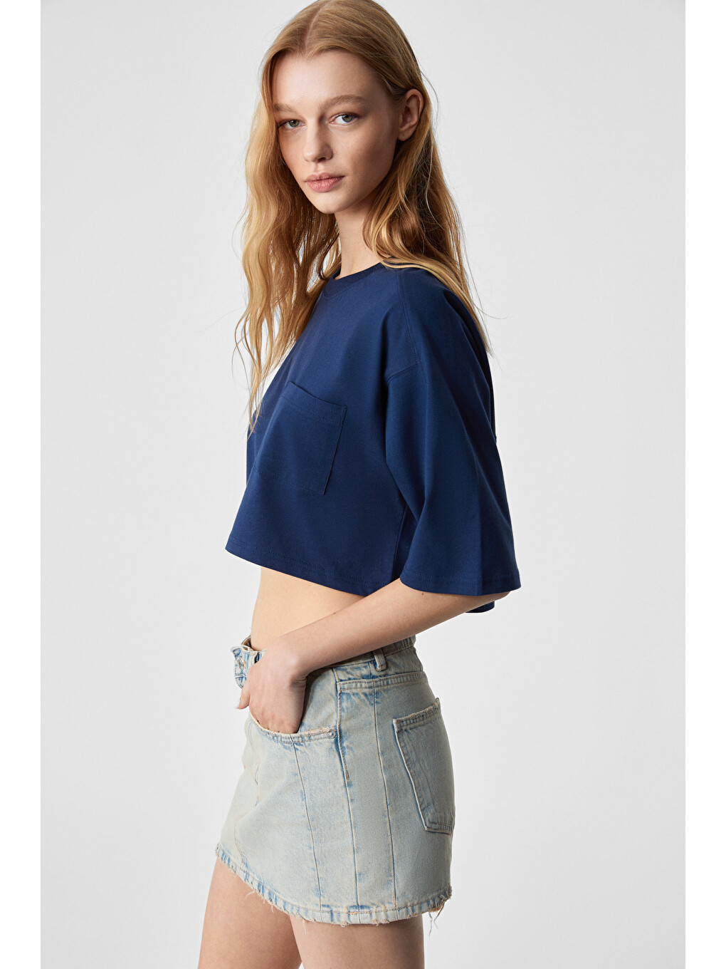 Qefkop Kadın %100 Pamuk Bisiklet Yaka Oversize Lacivert T-shirt-2