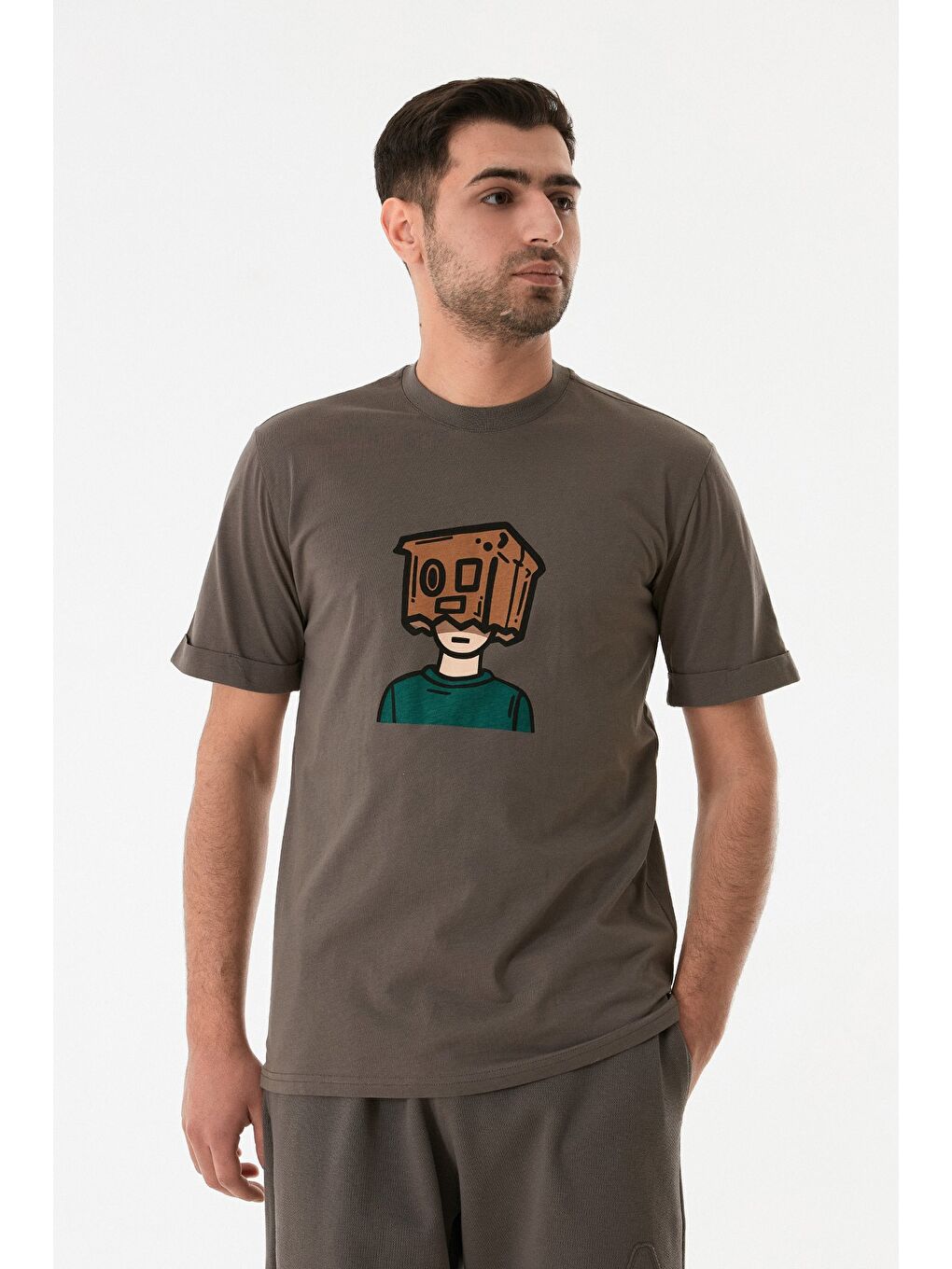 Gri Dijital Baskı Bisiklet Yaka Tişört