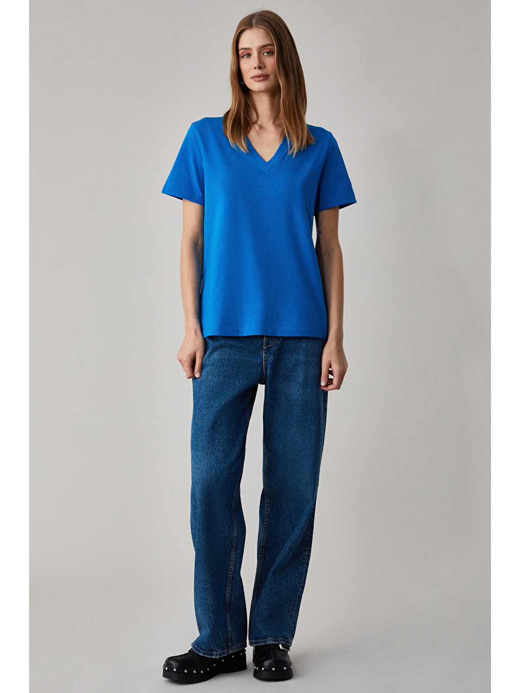 Mavi ALINE Kadın %100 organik Pamuk Derin V Yakalı Comfort Fit SAKS T-Shirt-1