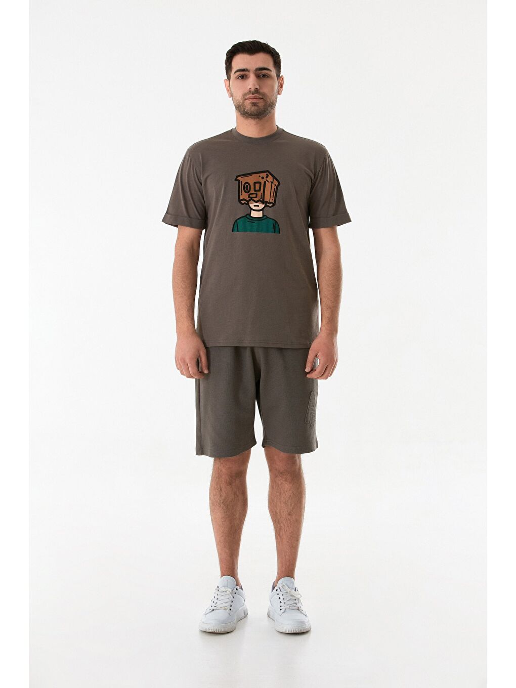 Gri Dijital Baskı Bisiklet Yaka Tişört-1