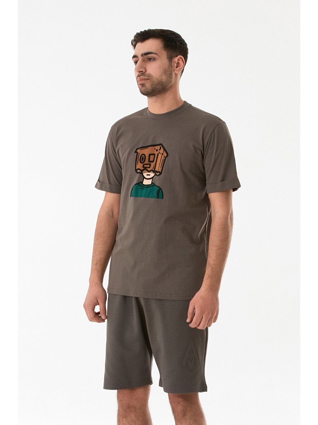 Gri Dijital Baskı Bisiklet Yaka Tişört-2