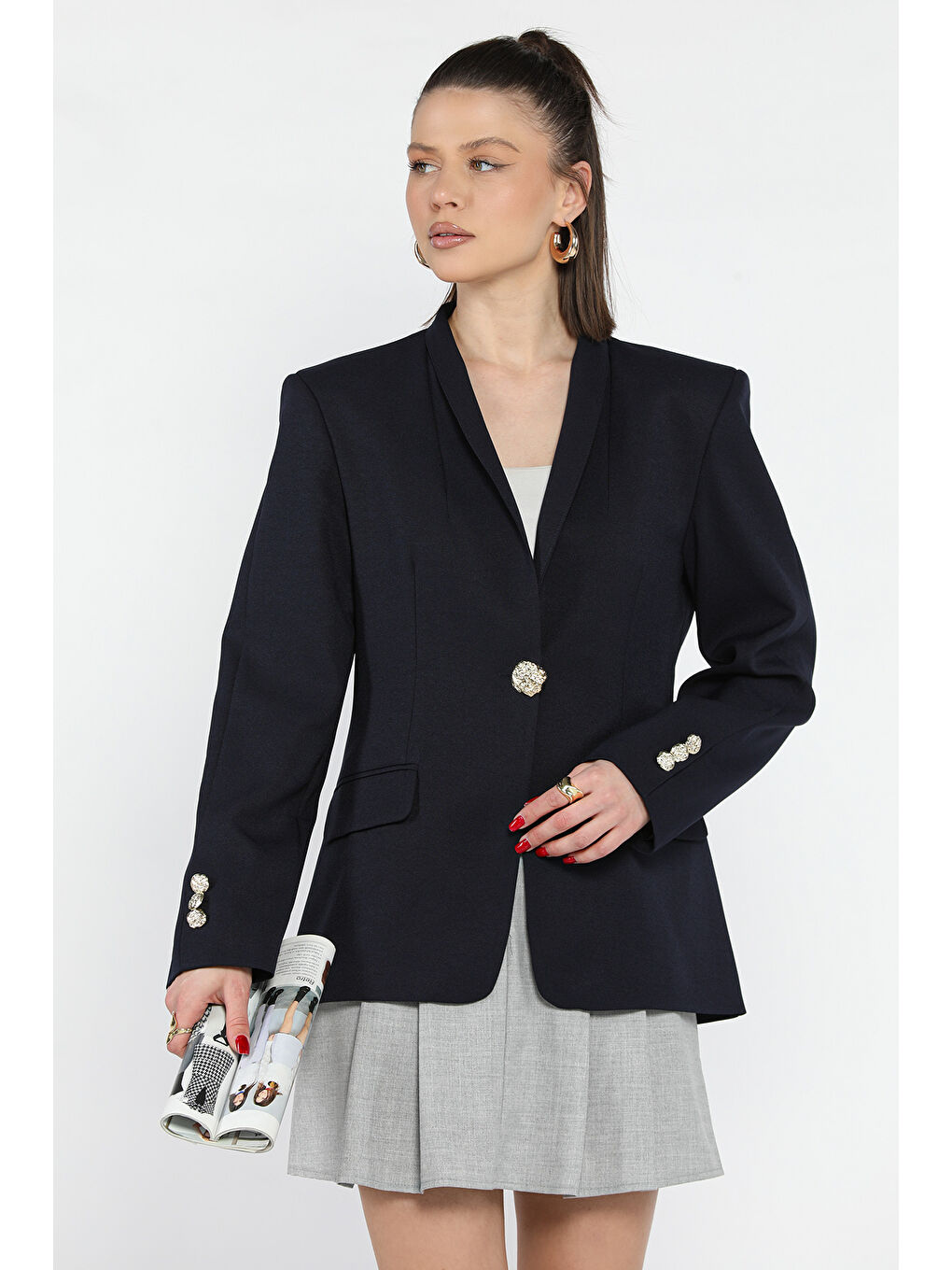 Lacivert Kadın Düğme Detaylı Kruvaze Yaka Blazer Ceket-1