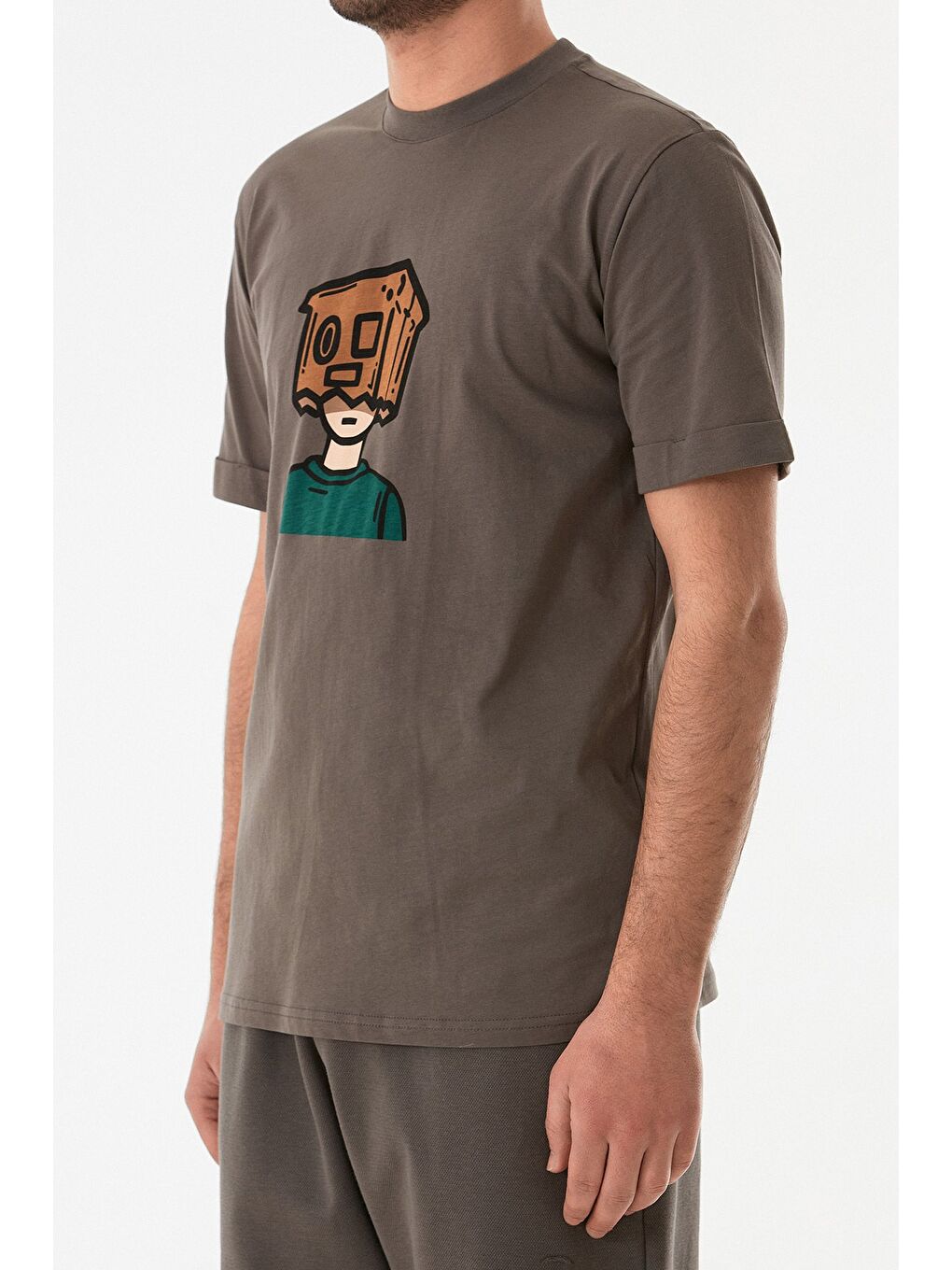 Gri Dijital Baskı Bisiklet Yaka Tişört-4