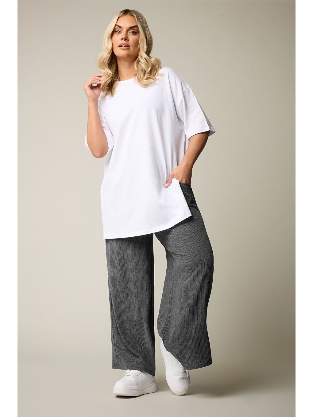 Antrasit Büyük Beden Beli Lastikli Bol Paça Cepli Pantolon 304012