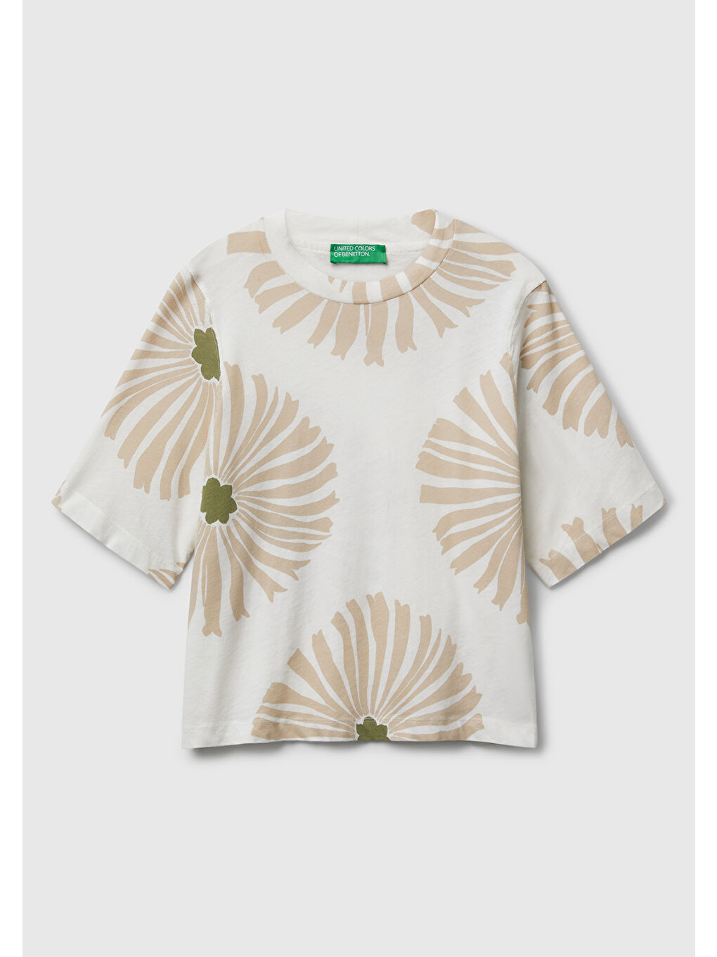 Ekru Kadın Krem Keten Karışımlı Boxy Fit Çiçek Desenli T-Shirt-1