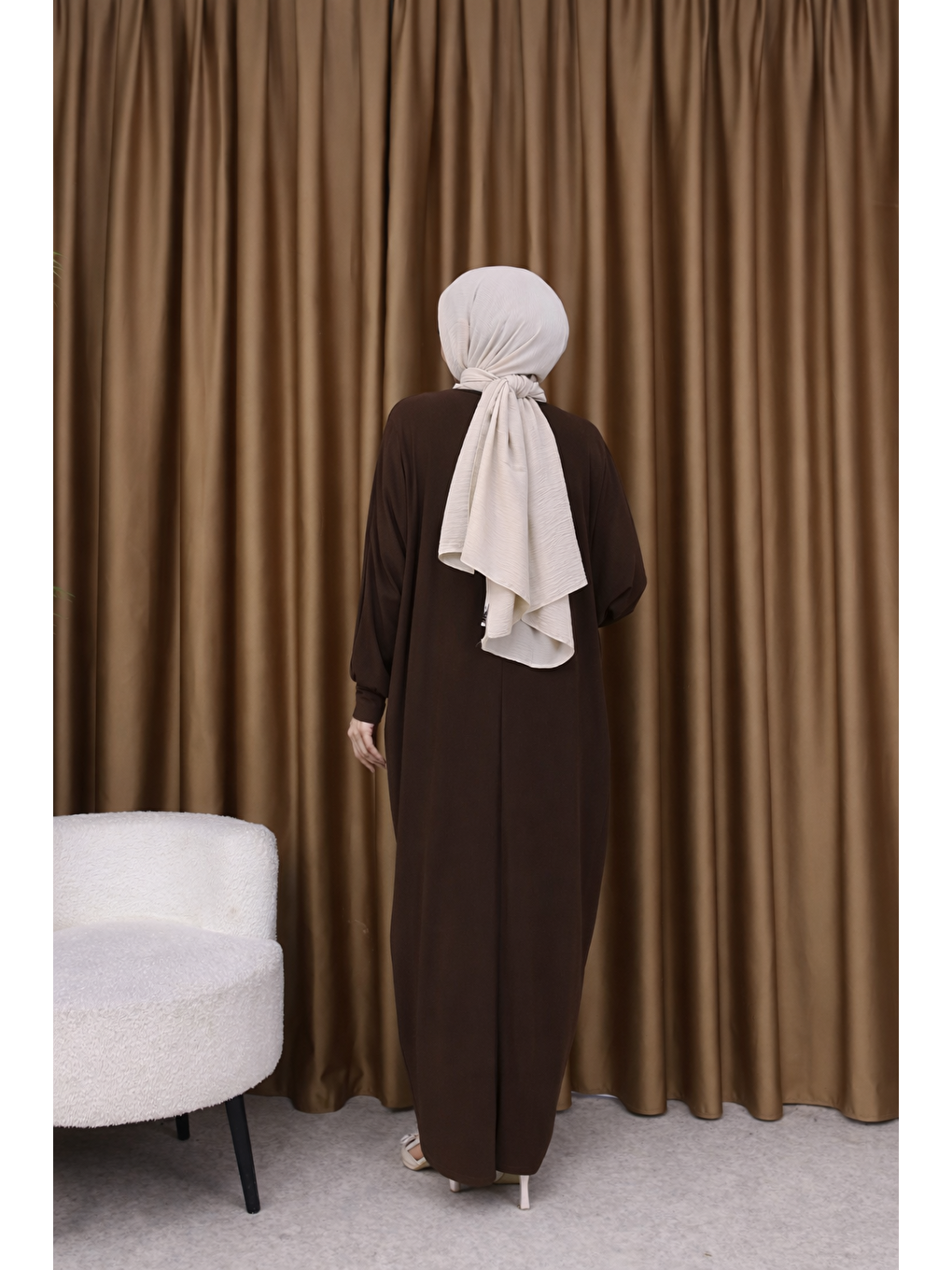 Kahverengi Kadın Trend Basic Uzun Kollu Koyu Kahve Elbise-4