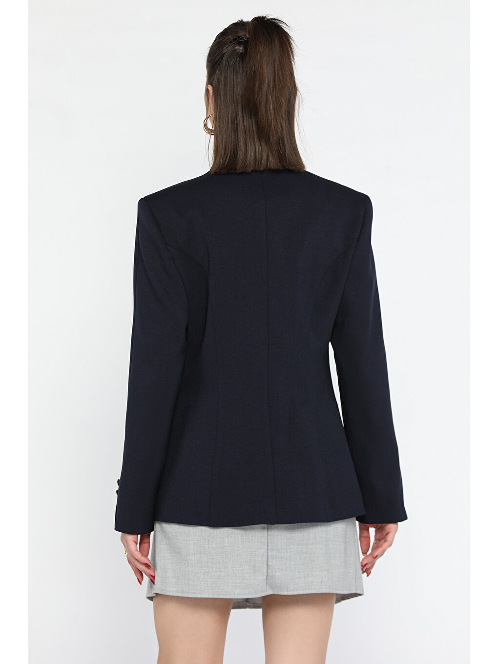 Lacivert Kadın Düğme Detaylı Kruvaze Yaka Blazer Ceket-2