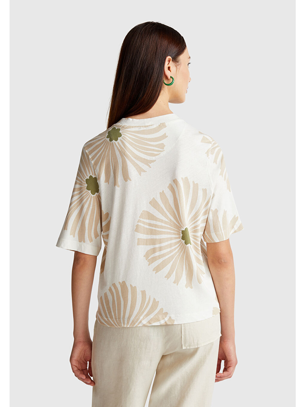Ekru Kadın Krem Keten Karışımlı Boxy Fit Çiçek Desenli T-Shirt-2