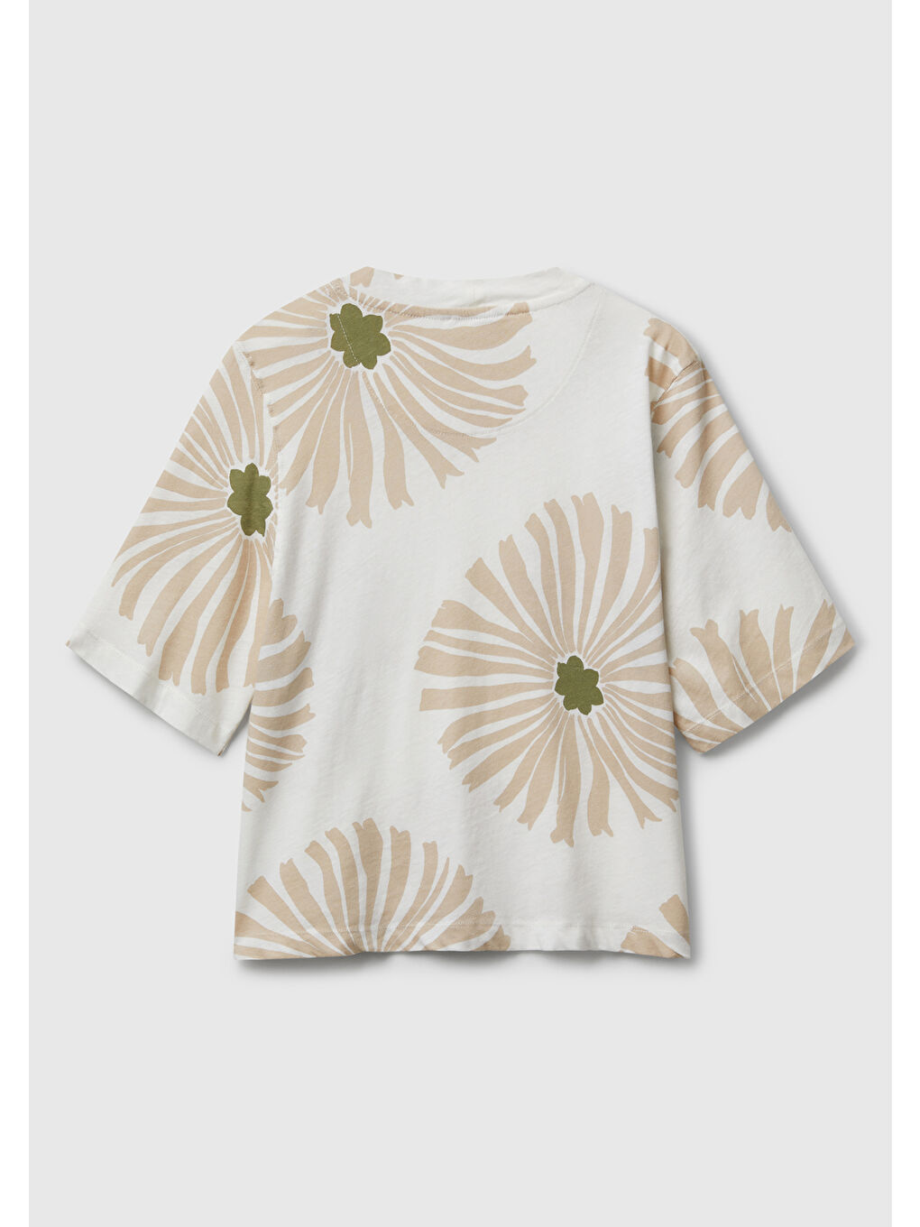 Ekru Kadın Krem Keten Karışımlı Boxy Fit Çiçek Desenli T-Shirt-3