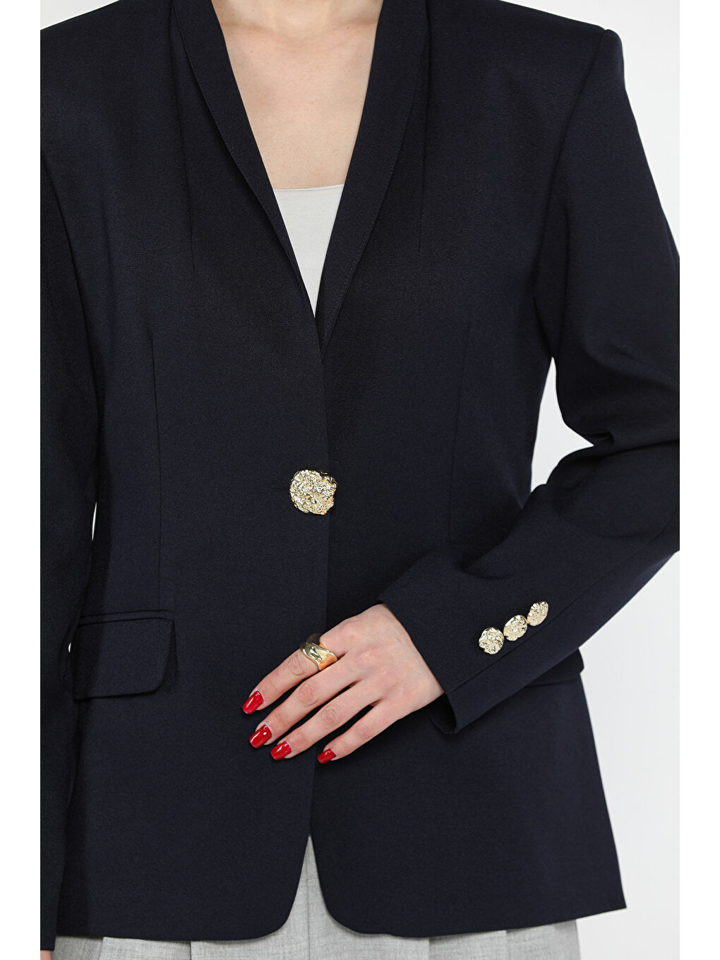 Lacivert Kadın Düğme Detaylı Kruvaze Yaka Blazer Ceket-3