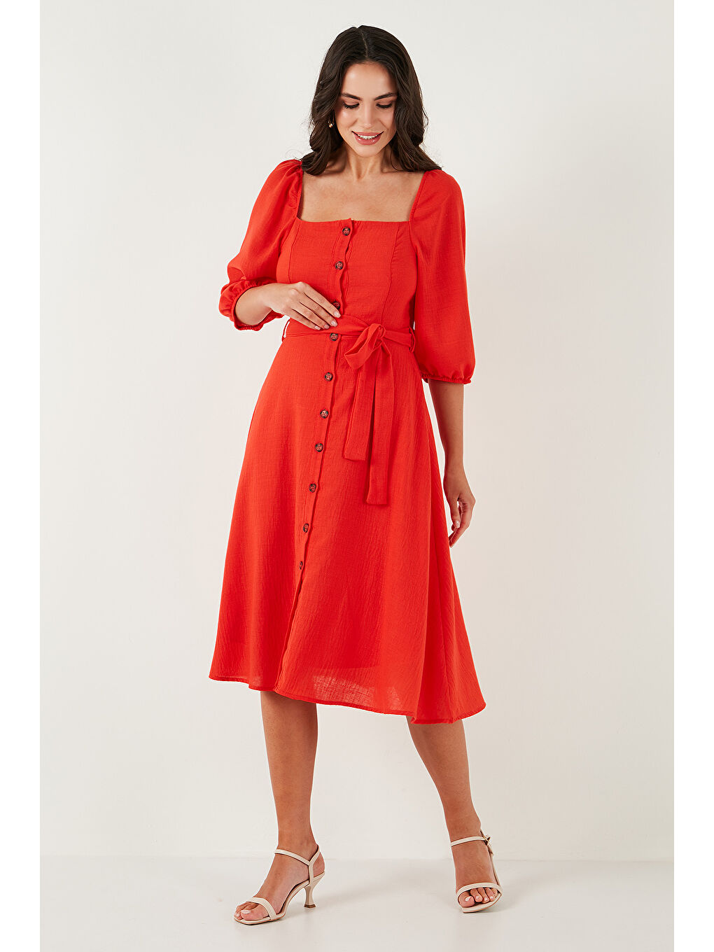 Kırmızı Regular Fit Kare Yaka Düğmeli Midi Boy Kadın Elbise 67810197-2