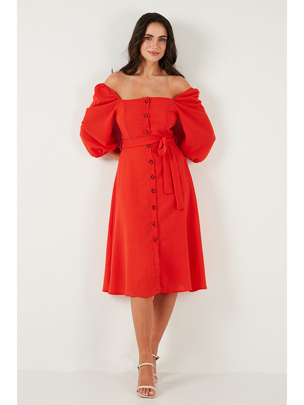 Kırmızı Regular Fit Kare Yaka Düğmeli Midi Boy Kadın Elbise 67810197-3